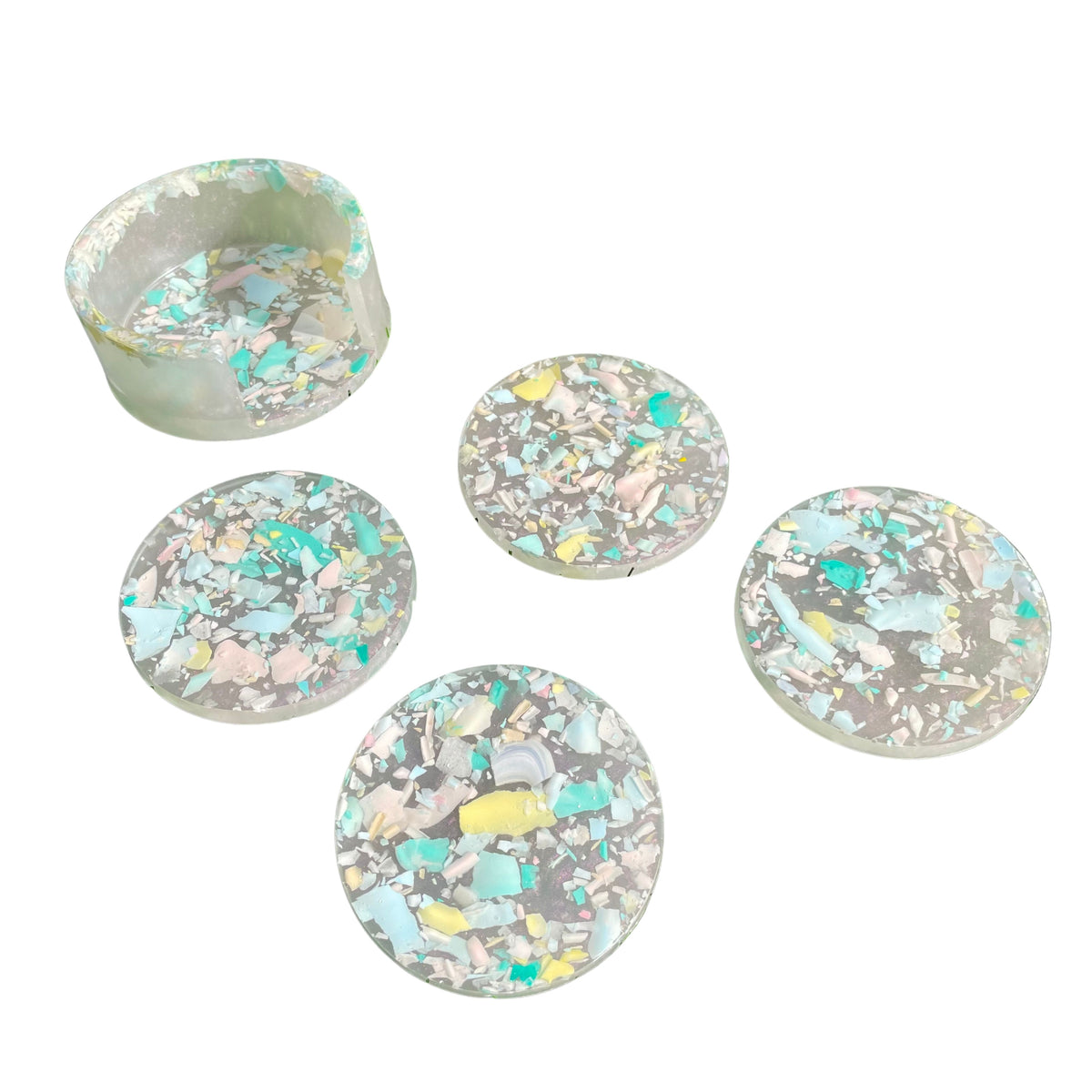 Uniquely handmade Resin coaster set of four coasters with coaster holder