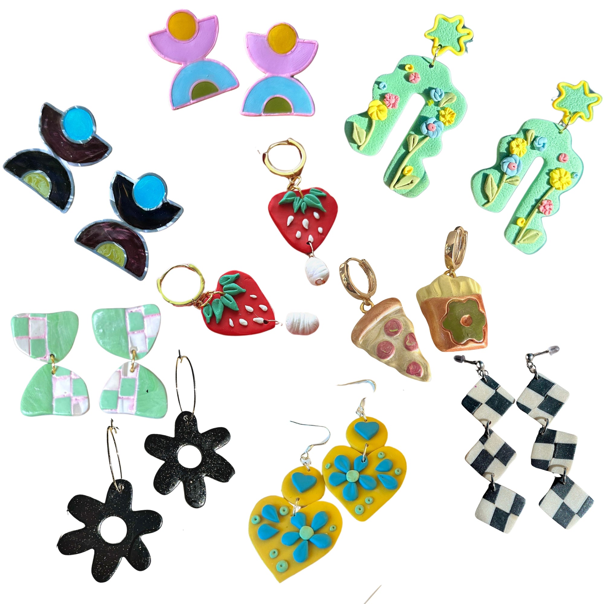 Handmade statement earrings in vibrant colors made with polymer clay