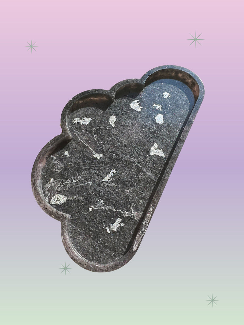 cloud decorative tray, trinket tray, catch all tray, decorative tray, resin tray for sale, cloud tray, y2k, epoxy resin tray, resin tray for sale, handmade gifts, gifts for her, gifts for kids, home decor ideas, shower resin tray, black tray, storage tray, sparkly tray, gen z tray, gifts for gen z