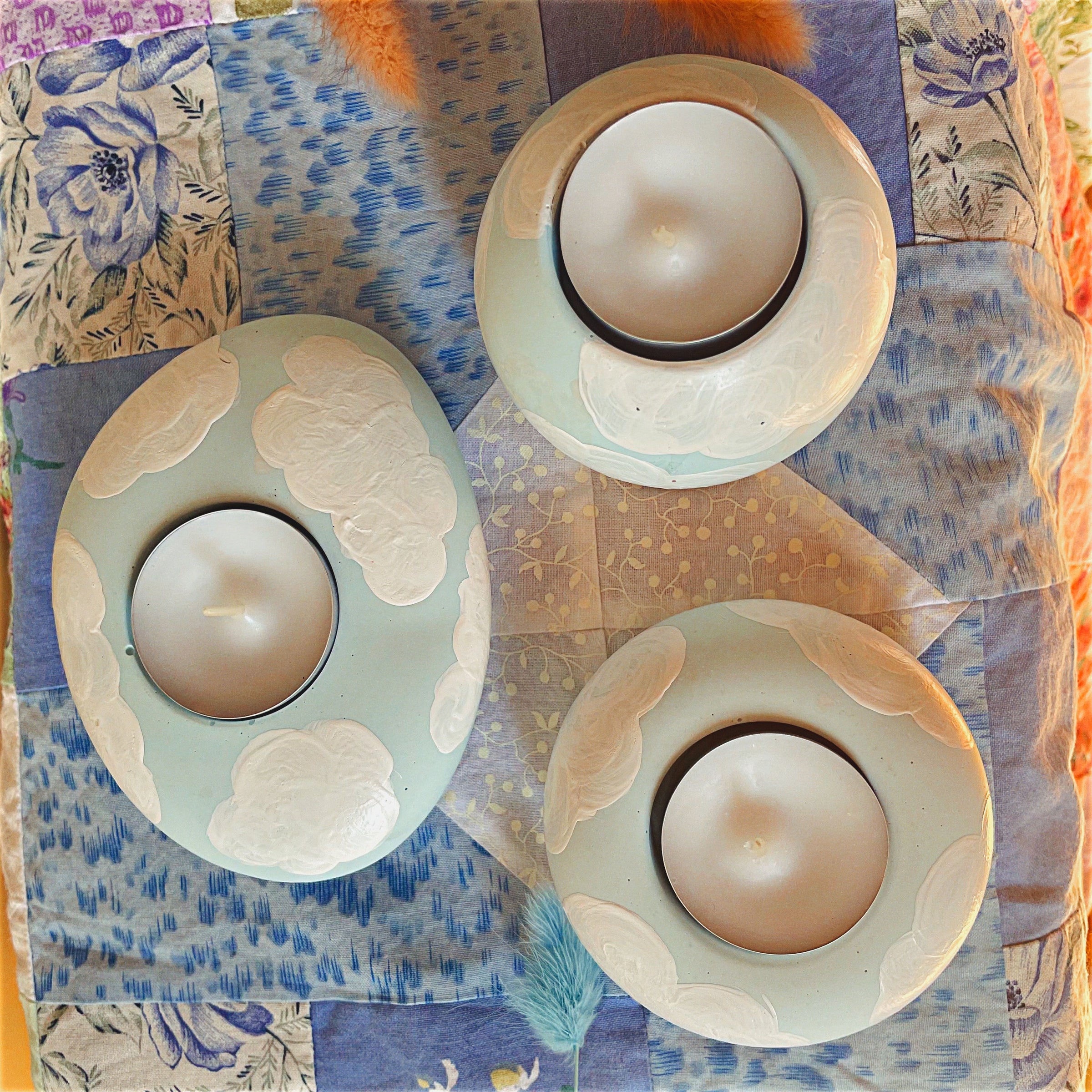 candle holder set, candle holder centerpiece, jesmonite candles, cloudy candle holder, cloud home decor, tealight candle holder, tealights, concrete candle holder, concrete handle
